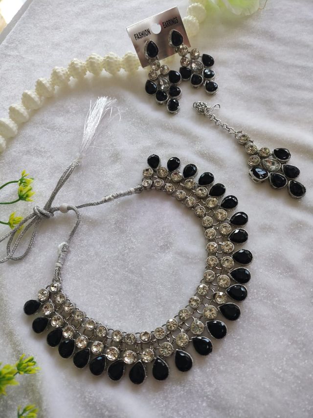 Royal Black AD Stone Party Wear Choker Necklace Set with Earrings & Maang Tikka