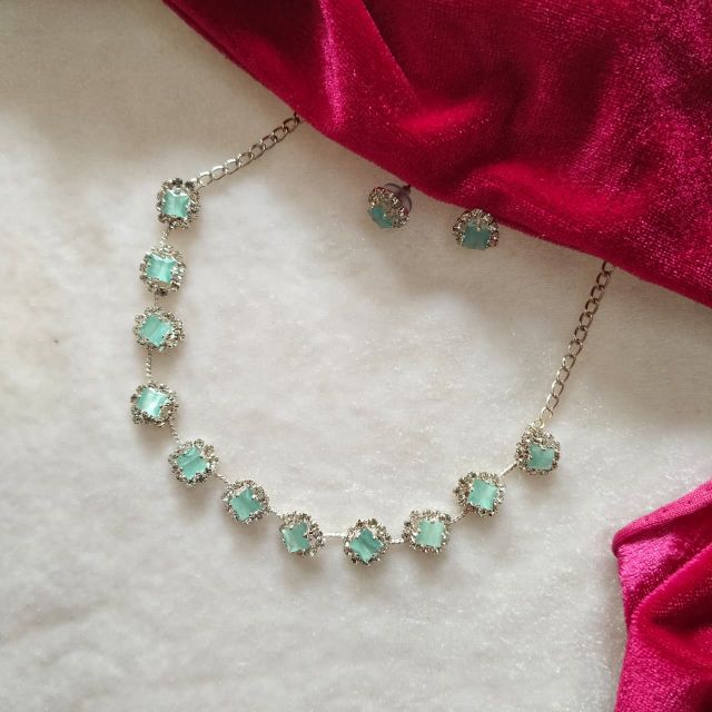 Mint Green Crystal Diamond Style Party Wear Choker Set