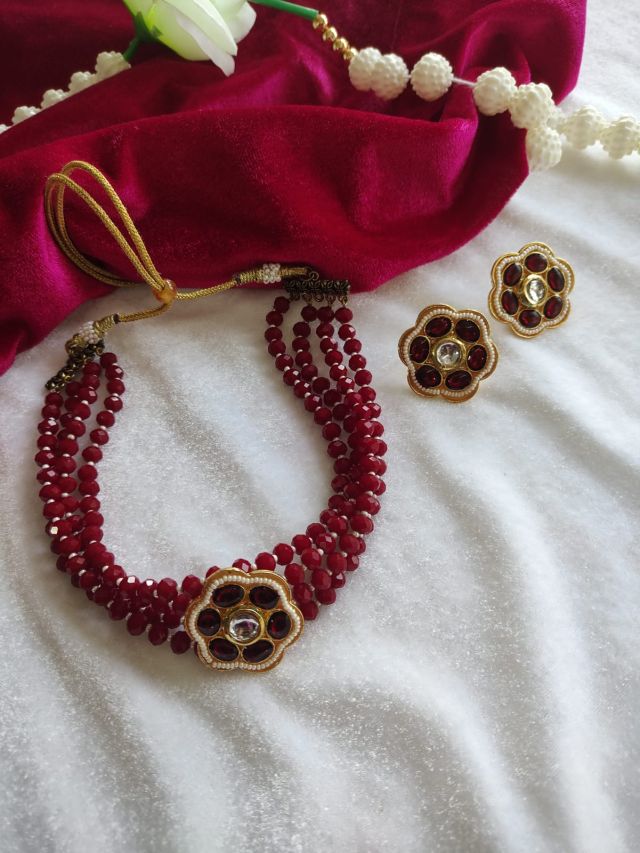 Royal Maroon Beads Kundan Floral Choker Necklace Set with Matching Earrings