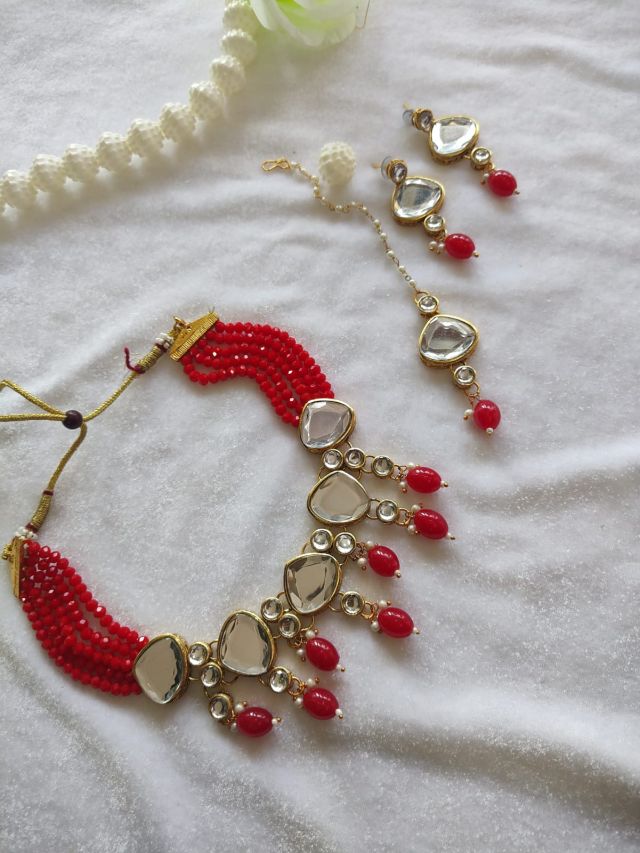 Royal Red Kundan Beads Party Wear Choker Necklace Set with Earrings & Maang Tikka