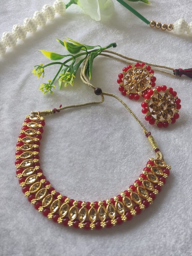 Red Beads Kundan Choker Necklace Set with Matching Earrings