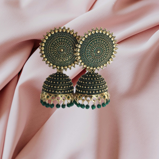 Antique Green Beaded Jhumka Earrings