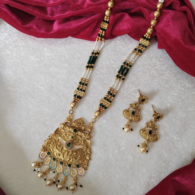 Traditional Gold Plated Temple Style Necklace Set with Green Beads & Matching Earrings