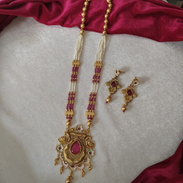 Gold Plated Pink Stone Bridal Necklace Set with Matching Earrings
