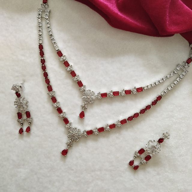 Silver Plated Red Stone Designer Necklace Set with Matching Earrings