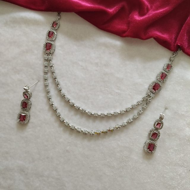 Silver Finish Red Stone Double Line Necklace Set with Matching Earrings