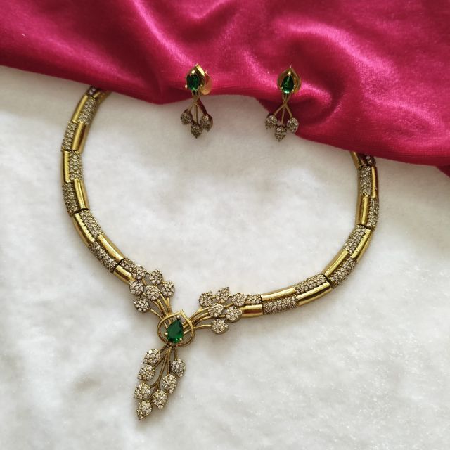 Gold Finish Green Stone Designer Necklace Set with Matching Stud Earrings