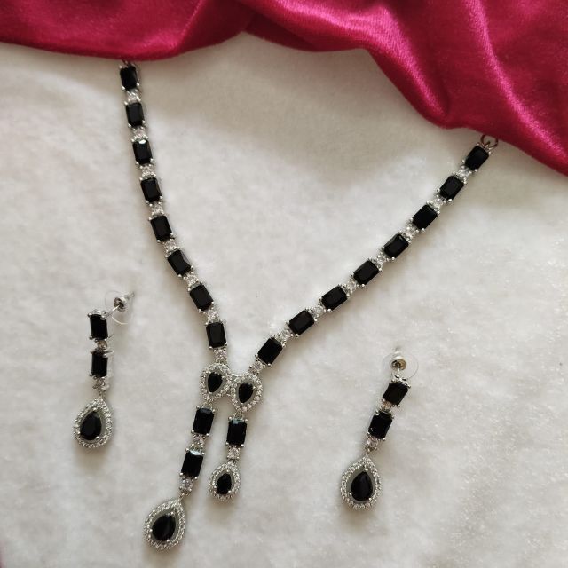 Silver Finish Black Stone Designer Necklace Set with Matching Drop Earrings