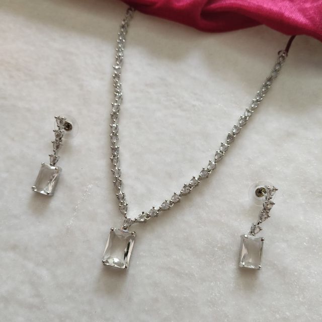 Silver Finish Crystal Rectangle Pendant Necklace Set with Earrings