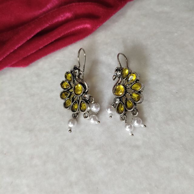 Oxidised Peacock Yellow Stone Pearl Drop Earrings