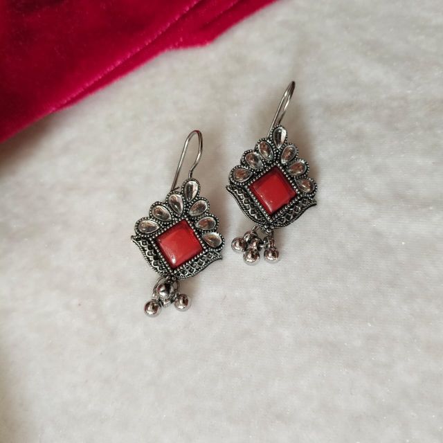 Oxidised Red Square Stone Drop Earrings