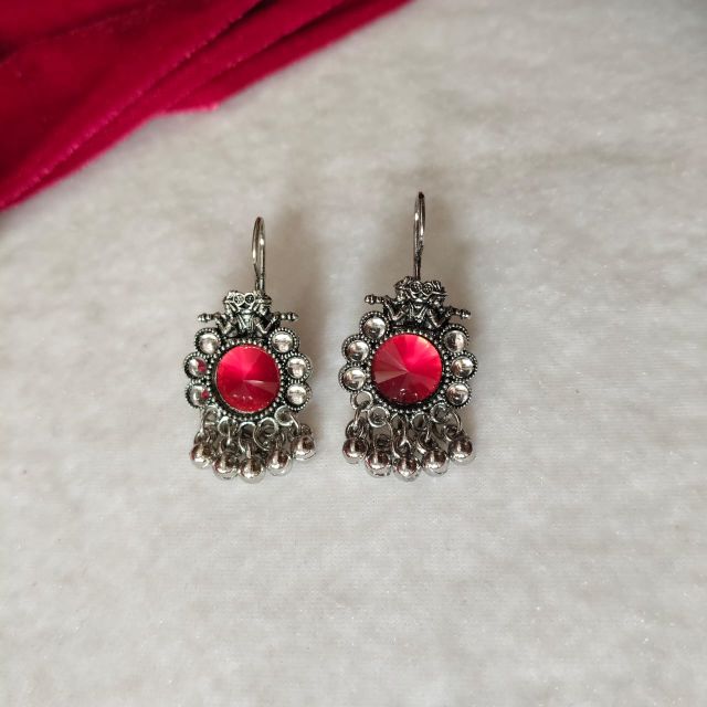 Oxidised Red Stone Ghungroo Drop Earrings