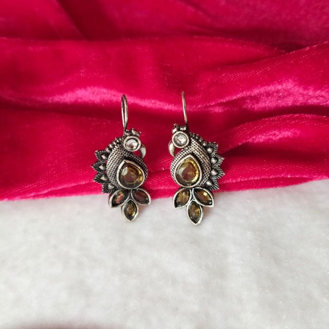 Oxidised Peacock Design Brown Stone Drop Earrings