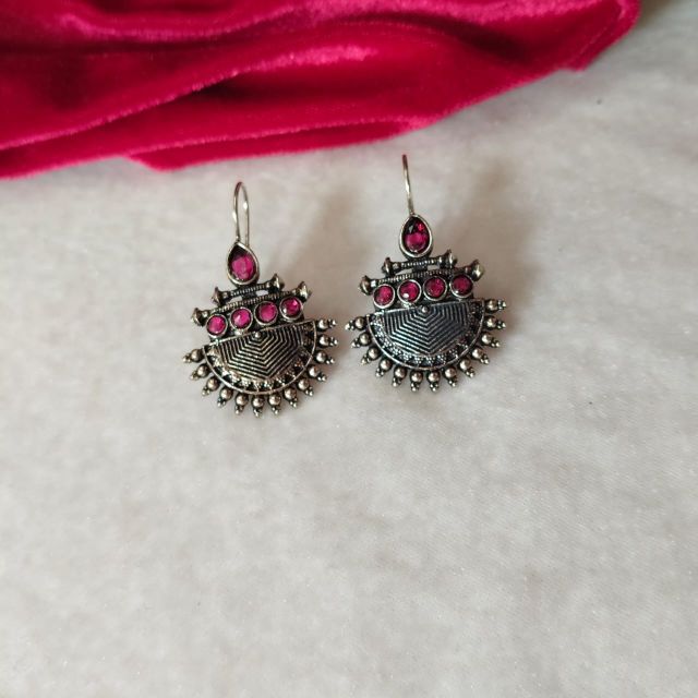 Oxidised Pink Stone Tribal Drop Earrings