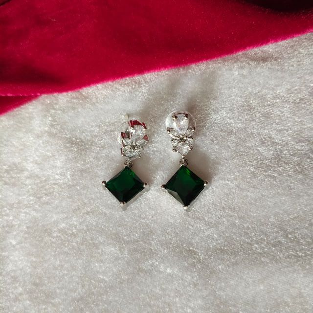 Green Square Crystal Drop Earrings with Diamond Finish Stud