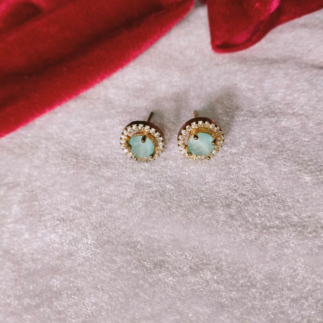 Mint Green Crystal Stud Earrings with Gold Finish Halo
