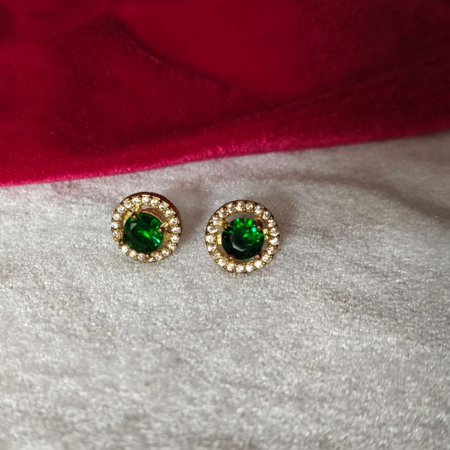 Emerald Green Crystal Stud Earrings with Gold Halo Finish