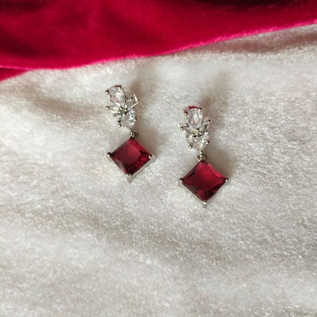 Ruby Red Square Crystal Drop Earrings with Diamond-Style Top