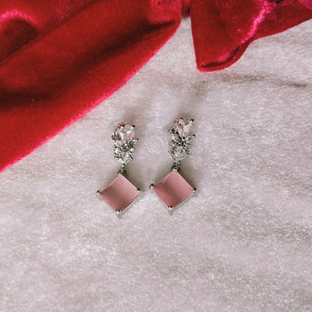 Blush Pink Square Crystal Drop Earrings with Diamond-Style Top