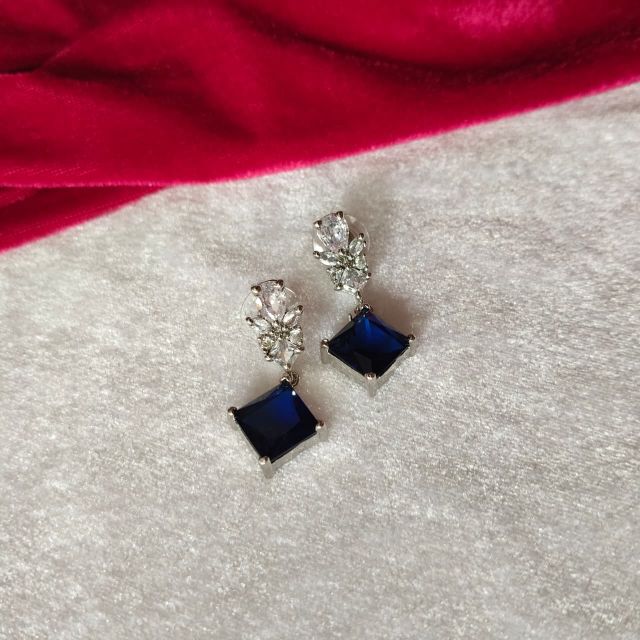 Royal Blue Square Stone Drop Earrings with Crystal Stud