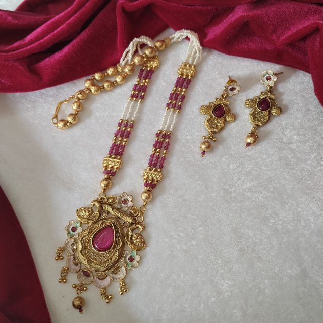 Royal Ruby Beaded Traditional Rani Haar Necklace Set with Pendant & Earrings