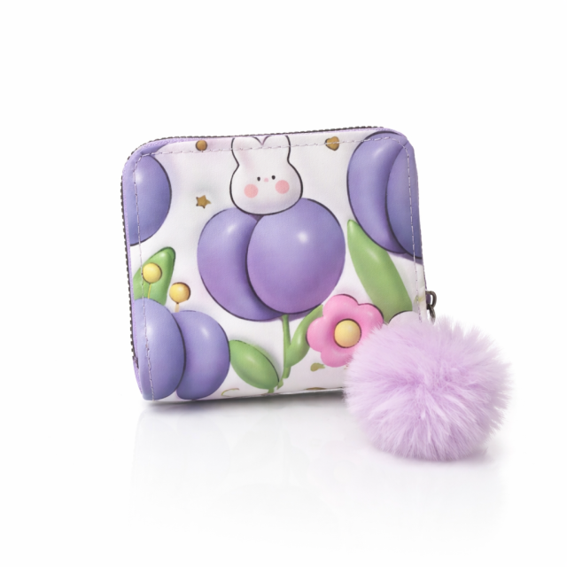 Cute Bunny Floral Mini Wallet with Pom Pom Keychain