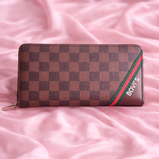 Premium Brown Checkered Zip Around Women’s Wallet Clutch (Classic Edition)