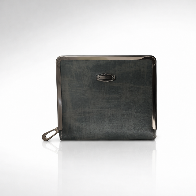Premium Textured Leather Finish Zip Wallet with Metal Frame (Dark Green)