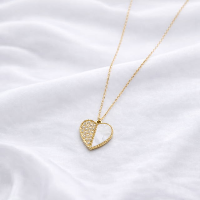 Gold Pearl & Mother of Pearl Half Heart Pendant Necklace
