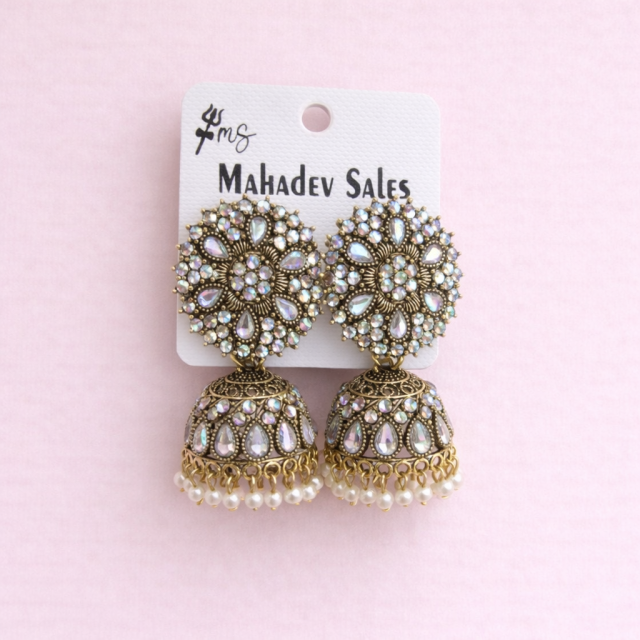 Antique Gold Plated AD Stone Bridal Jhumka Earrings with Pearl Drops