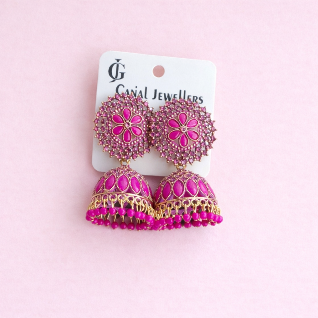 Pink Floral Stone Designer Jhumka Earrings with Beaded Drops (Gold Plated)
