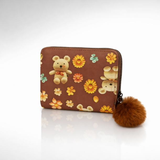 Cute Teddy Bear Floral Mini Zip Wallet with Pom Pom Keychain (Brown)