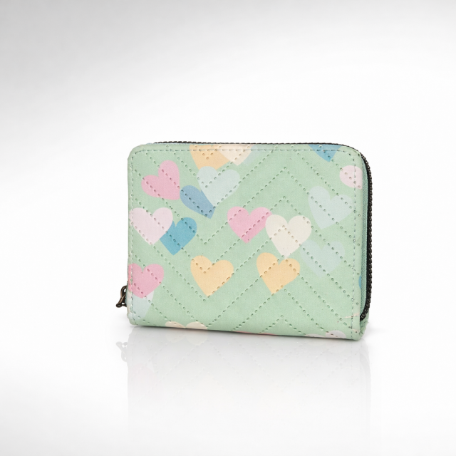 Pastel Heart Print Mini Zip Wallet – Cute Quilted Card Holder