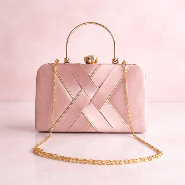 Luxury Blush Pink Structured Clutch with Gold Chain