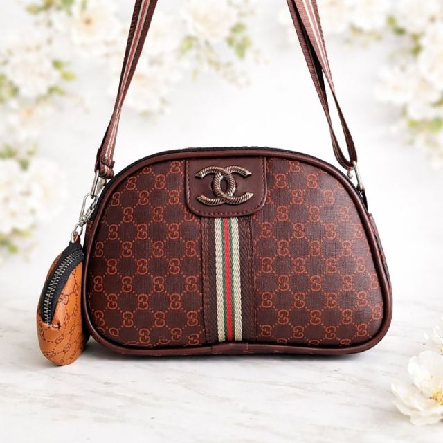 Premium Brown Monogram Crossbody Sling Bag with Mini Pouch