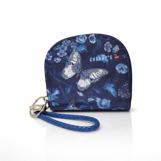 Elegant Butterfly Floral Coin Pouch with Wrist Strap (Navy Blue)