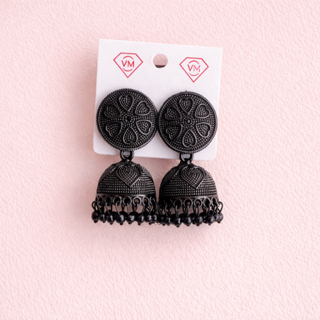 Matte Black Oxidised Heart Design Jhumka Earrings with Beaded Drops