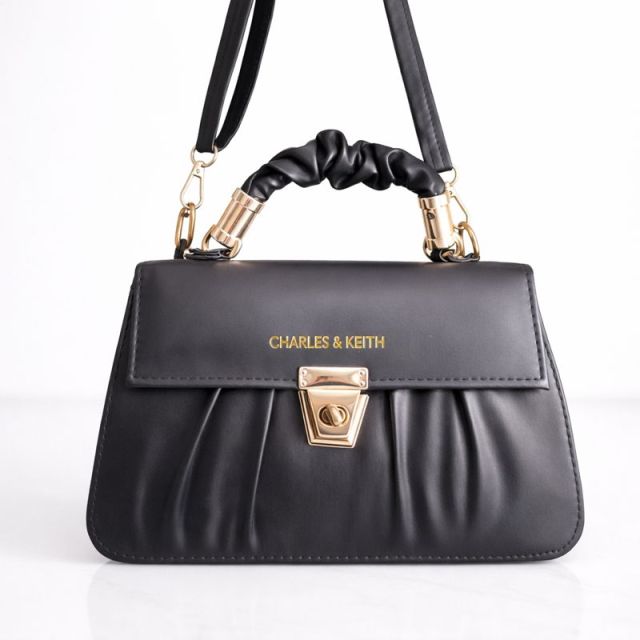 Premium Black Lock Handbag with Ruched Handle for Women