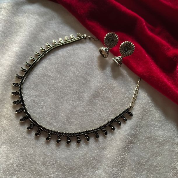 Oxidised Silver Heart Charm Choker Necklace Set with Jhumka Earrings