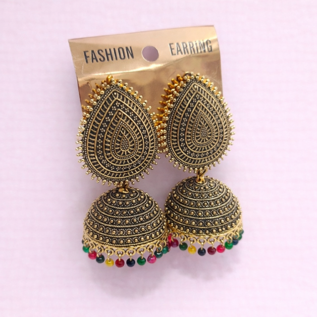 Antique Gold Plated Teardrop Designer Jhumka Earrings with Multicolor Beads