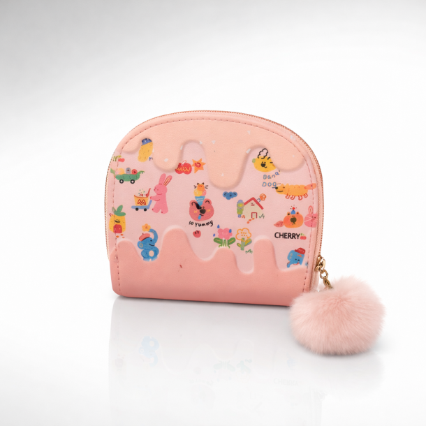 Cute Cartoon Drip Design Mini Zip Wallet with Pom Pom Keychain (Peach Pink)