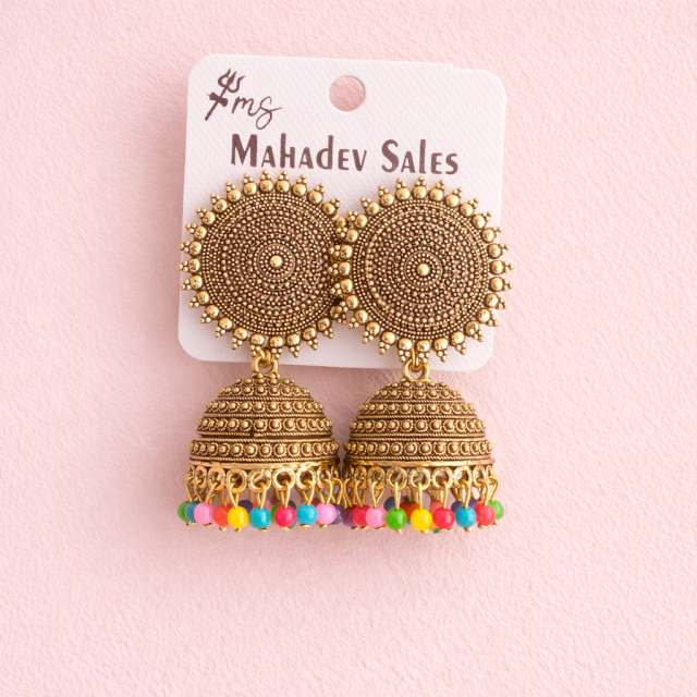 Antique Gold Finish Oxidized Jhumka Earrings with Multicolor Beads