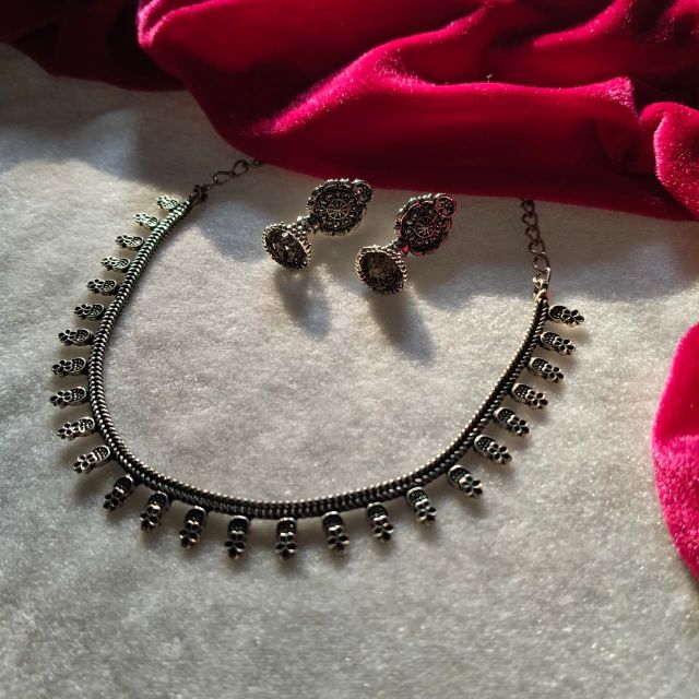 Oxidised Silver Floral Design Choker Necklace Set with Jhumka Earrings
