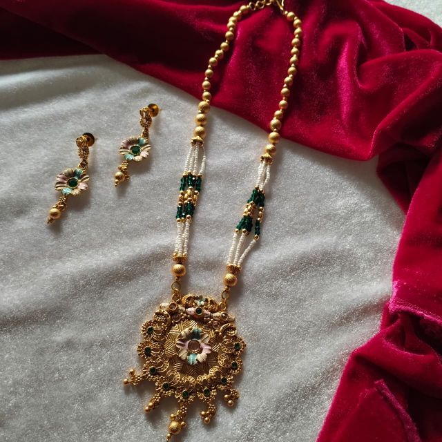 Traditional Gold Plated Floral Long Necklace Set with Matching Earrings