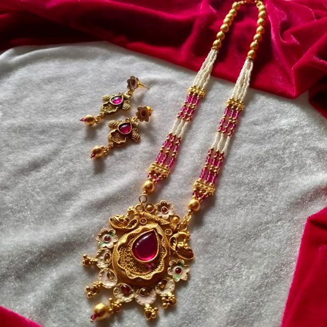 Traditional Gold Plated Pink Stone Long Necklace Set with Matching Earrings