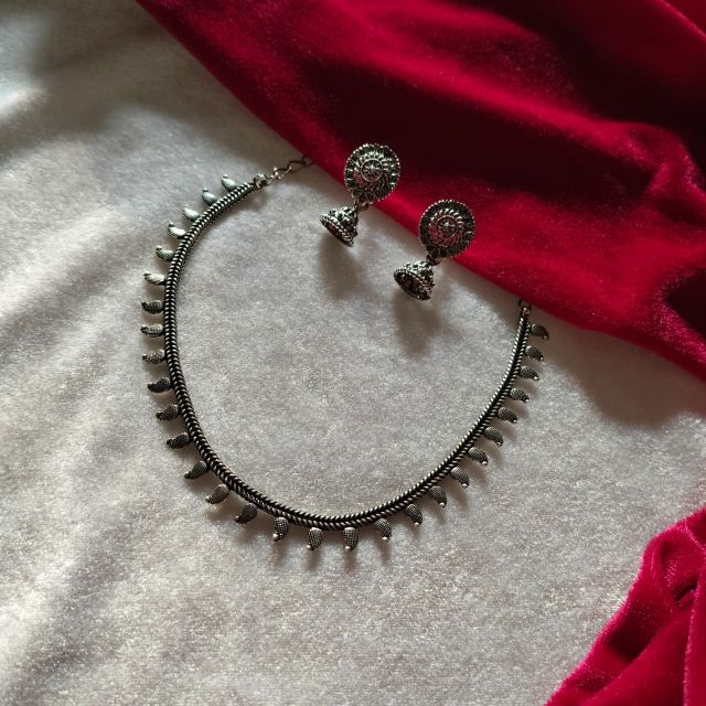 Oxidised Silver Mehandi Design Choker Necklace Set with Jhumka Earrings