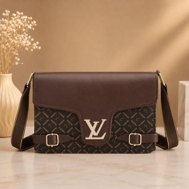 Brown Monogram Crossbody Shoulder Bag with Metal Logo Accent
